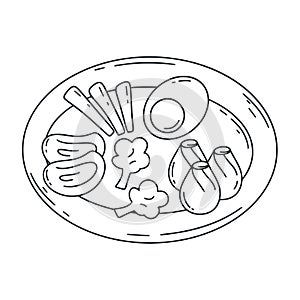 Chinese cuisine dish doodle illustration. Asianfood on plate ink sketch