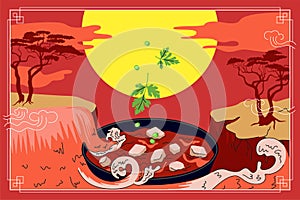 Chinese cuisine mapo tofu banner concept. China national soy bean curd soup dish cover waterfall wave in sunset gorge