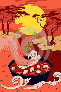 Chinese cuisine mapo tofu poster concept. China national soy bean curd soup dish cover waterfall wave in sunset gorge