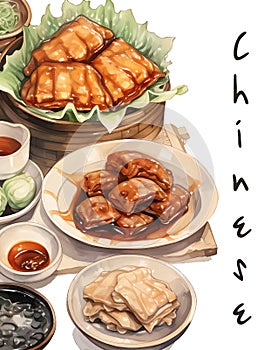 Chinese cuisine menu layout. Asian food outline vector illustration. Peking duck, dumplings, wonton, fried noodles and