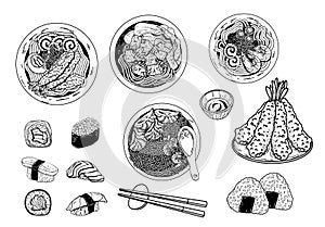 Chinese cuisine outline icon set. Asian food engraved monochrome vector illustration.