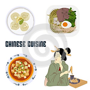 Chinese cuisine, ramen soup, dim sum and tofu asian street food, thai food, japanese food, chinese meal for restaurant