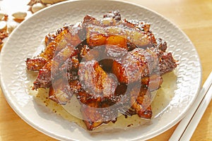 Chinese cuisine red braised pork belly close up. hong shao rou