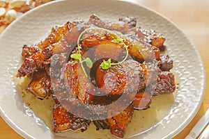 Chinese cuisine red braised pork belly close up. hong shao rou