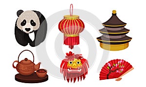 Chinese Culture Attributes and Symbols with Tea Ceremony and Multistoried Structure as Buddhist Temple Vector Set photo