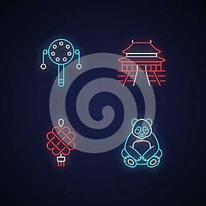 Chinese culture neon light icons set