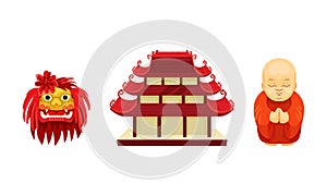 Chinese Culture Symbols with Pagoda Temple and Buddhist Monk Vector Set