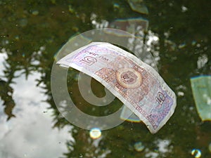 Chinese currency 5 Yuan floating on the water surface