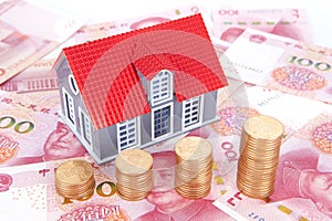 Chinese currency coins and house modle photo