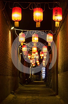 Chinese decoration, architecture and ornaments, night photography at Pingyao Ancient City, Unesco heritage site, China