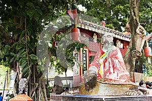 Chinese deity sit on turtle statues in Tin Hau Temple or Kwun Yam Shrine at Repulse Bay in Hong Kong, China