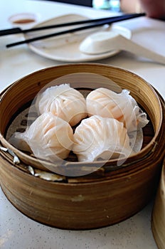 Chinese dim sum Hagao in bamboo basket