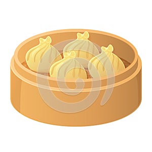 Chinese Dim sum set in a bamboo basket Asian food illustration isolated on white in cartoon style