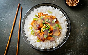 Chinese dish with szechuan chicken and rice