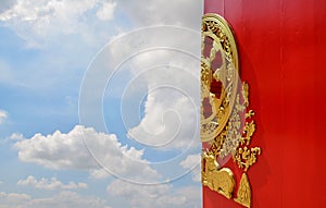 Chinese door,Red Chinese temple door blue sky with clouds background