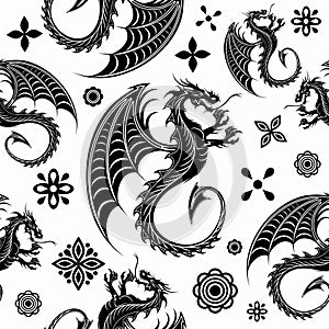 Chinese Dragon Black Shape Tattoo Style Vector Seamless Repeat Pattern Design