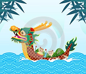 Chinese Dragon boat Race festival with rice dumpling, cute character design Happy Dragon boat festival on background greeting card