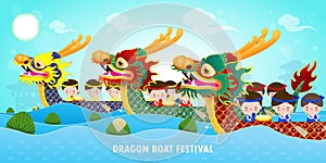 Chinese Dragon boat Race festival with rice dumpling, cute character design Happy Dragon boat festival on background greeting card