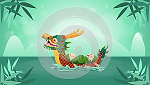 Chinese Dragon boat Race festival with rice dumpling, cute character design Happy Dragon boat festival on background greeting card