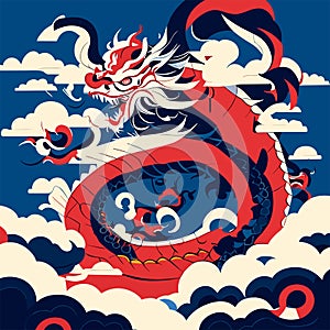 Chinese dragon and clouds in the sky. Vector illustration in retro style. AI Generated