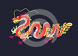 Chinese dragon. Eastern Asian myth monster. Traditional oriental lunar year animal with twisted tail. Fairytale fantasy