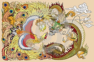 Chinese dragon and phoenix playing a pearl
