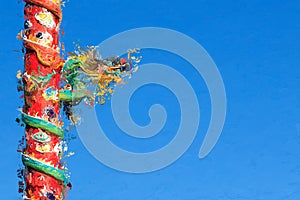 Chinese Dragon on Red Pillar on Blue Background, Processed in Pa