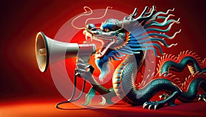 Chinese Dragon Roaring into Megaphone on Vibrant Red Background