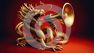 Chinese Dragon Roaring into Megaphone on Vibrant Red Background