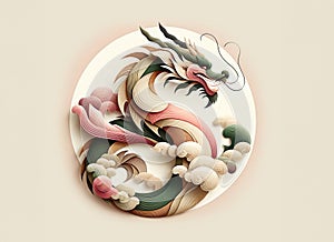 Chinese dragon in sky clouds in abstract painting design in pastel colors on white background symbol of 2024 year.