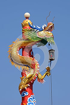 The Chinese dragon statue with blue sky background