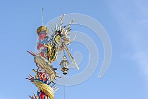 The Chinese dragon statue with blue sky background