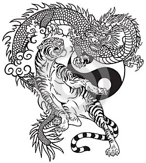 Chinese dragon versus tiger black and white tattoo