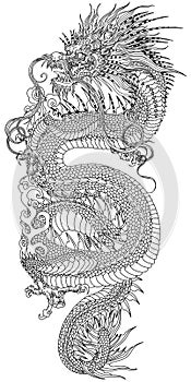 Chinese dragon in a vertical orientation. Black and white