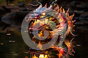 Chinese dragon water reflection of asian statue, inspired by mythology and visual arts