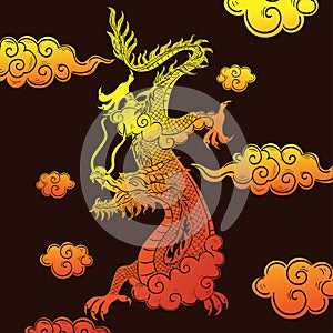 Chinese dragon yellow-red gradient on a brown background. Vector graphics