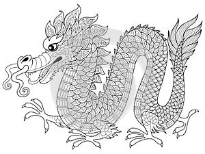 Chinese dragon in zentangle style. Adult antistress coloring page photo