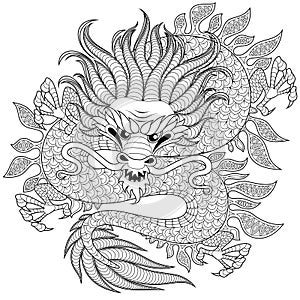 Chinese dragon in zentangle style for tatoo. Adult antistress coloring page. Black and white hand drawn doodle for coloring book