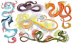 Chinese dragons set. Traditional asian dragon characters in watercolor style. Isolated objects on white background.