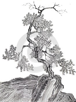 Un árbol sobre el montana chino dibujo 