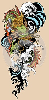 Chinese or East Asian dragon with water waves