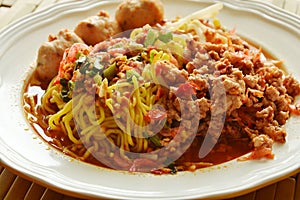 Chinese egg noodle dressing spicy minced pork with dried shrimp soup