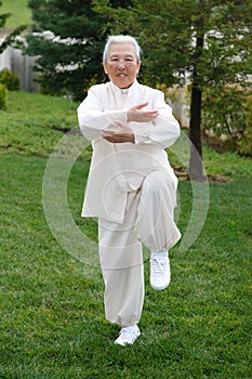 Chinese Elderly Woman Performing Taichi Outdoor photo