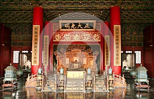 Chinese emperor`s throne in Forbidden City. Beijing