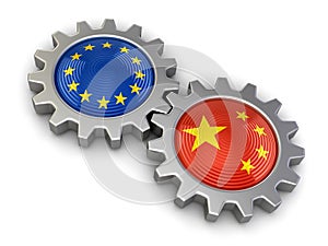 Chinese and European union flags on a gears (clipping path included)