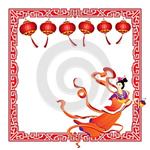 Chinese fairy flying with red lantern border