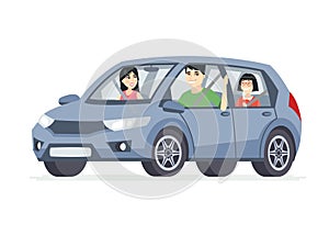 Chinese family in the car - cartoon people character illustration