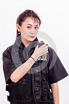 Chinese female police officer on radio