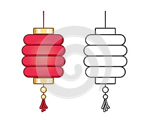 Chinese festival hanging lantern cartoon outline and colored set vector illustration. Traditional New year Asian red lamp.