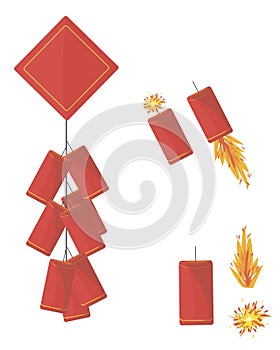 Chinese firecrackers. Set of festive Chinese New Year pyrotechnics, explosion and sparkle. fireworks. doodles isolates.